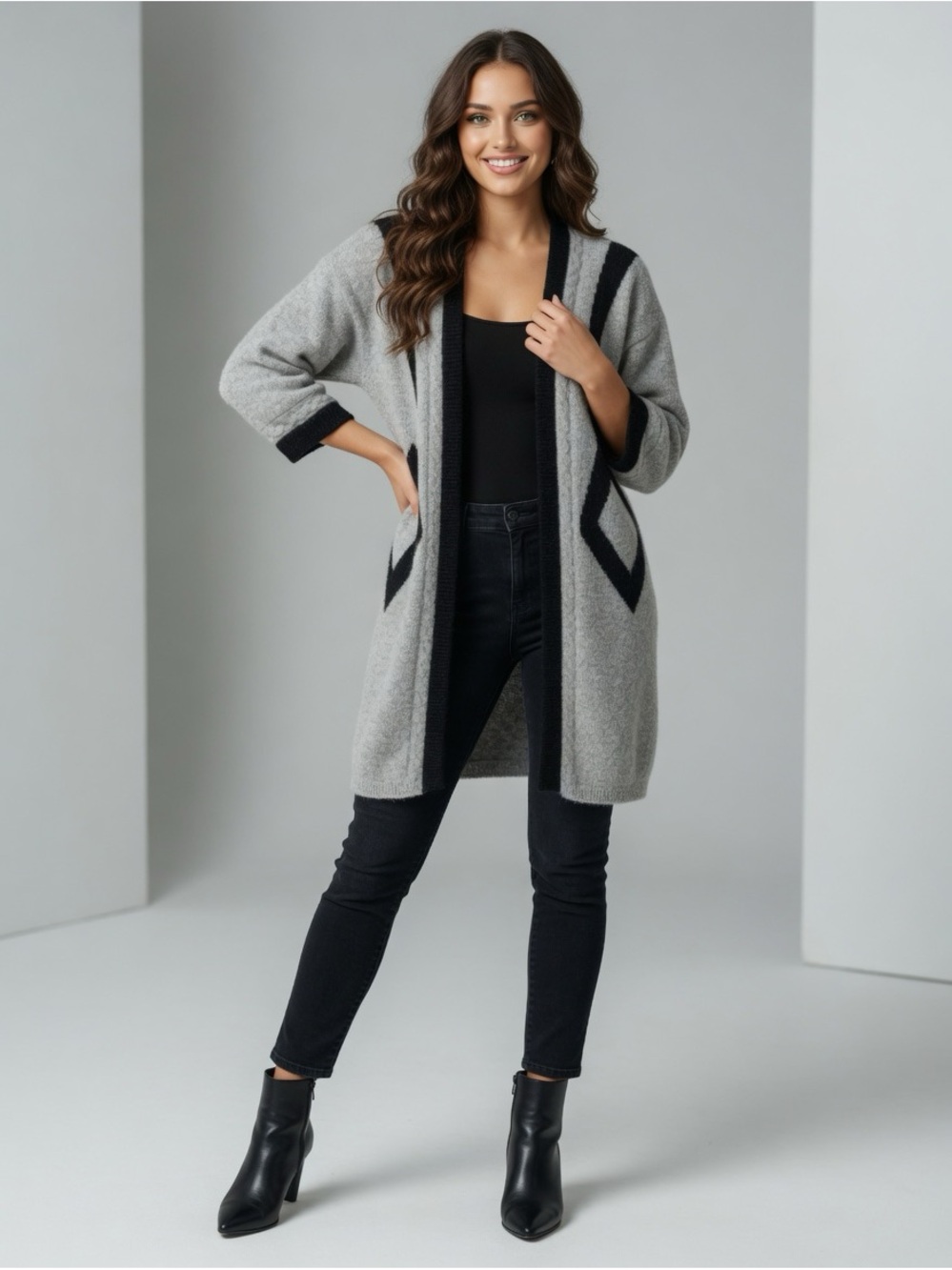 FSA Longline Grey Open-Front Cardigan with Black Trim Angora Blend S Oversized